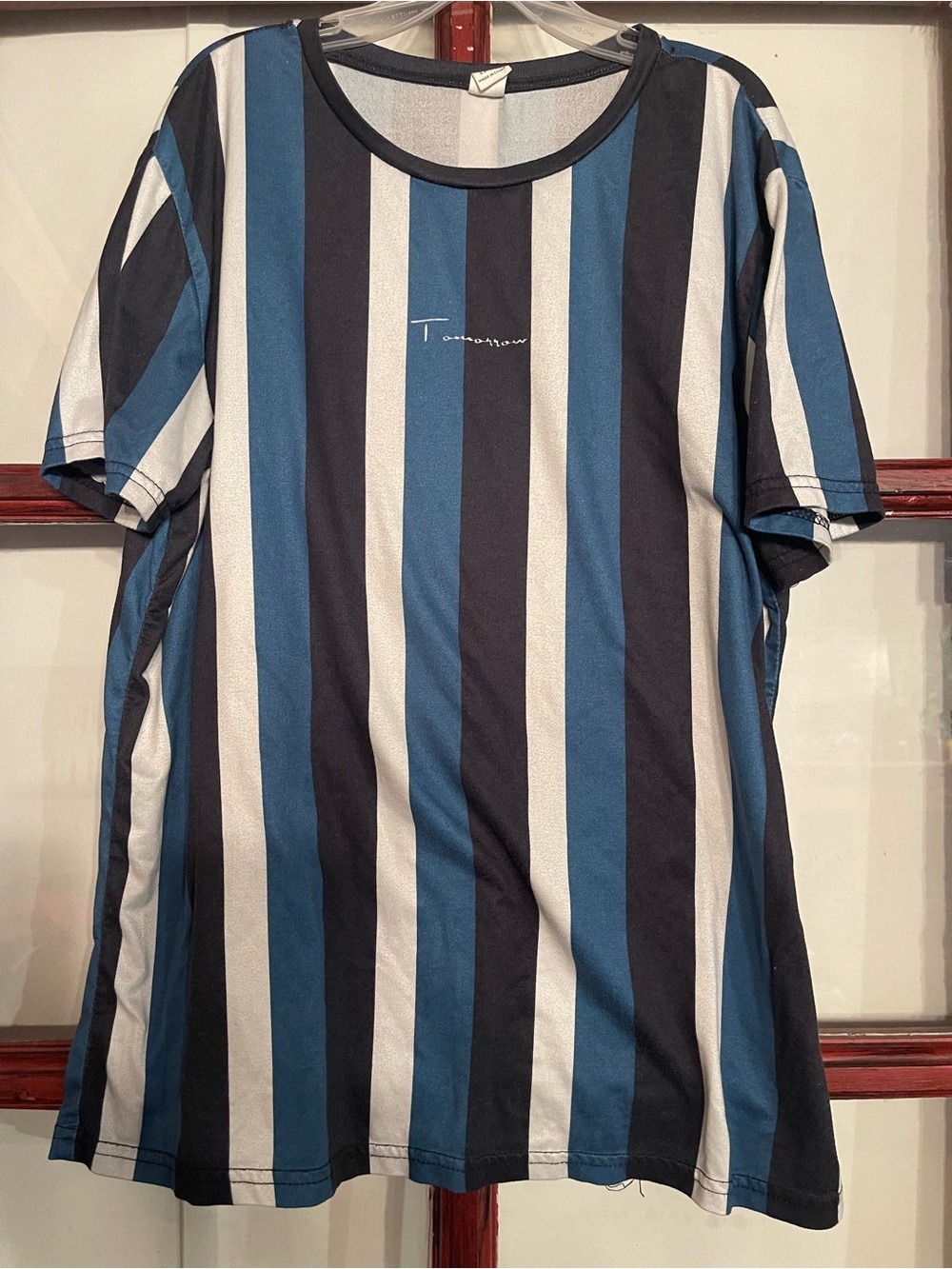 SHEIN Kids Short Sleeve Tee - Blue, Black & White Vertical Stripes